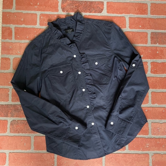 Talbots Classic Navy ruffle front shirt - Picture 1 of 10